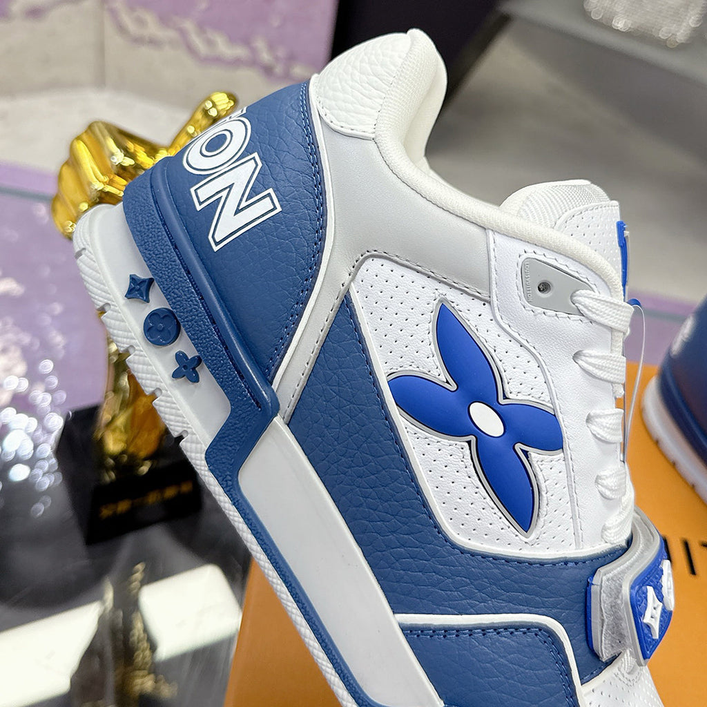 Men's Trainer Sneakers Blue-White Perforated Grained Calfskin with Velcro Strap |1AHTBV