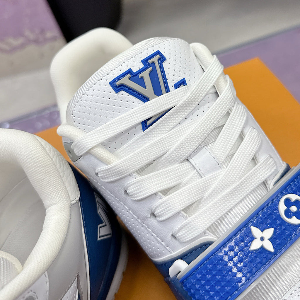 Men's Trainer Sneakers Blue-White Perforated Grained Calfskin with Velcro Strap |1AHTBV