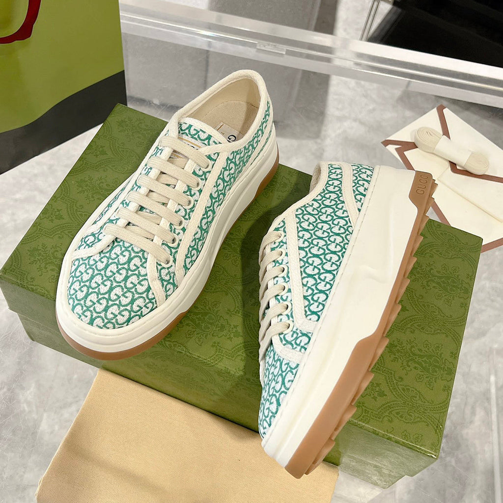 Women's Tennis 1977 Green/White GG Canvas Chunky-Sole Sneakers 746766 FAC1Y 8445