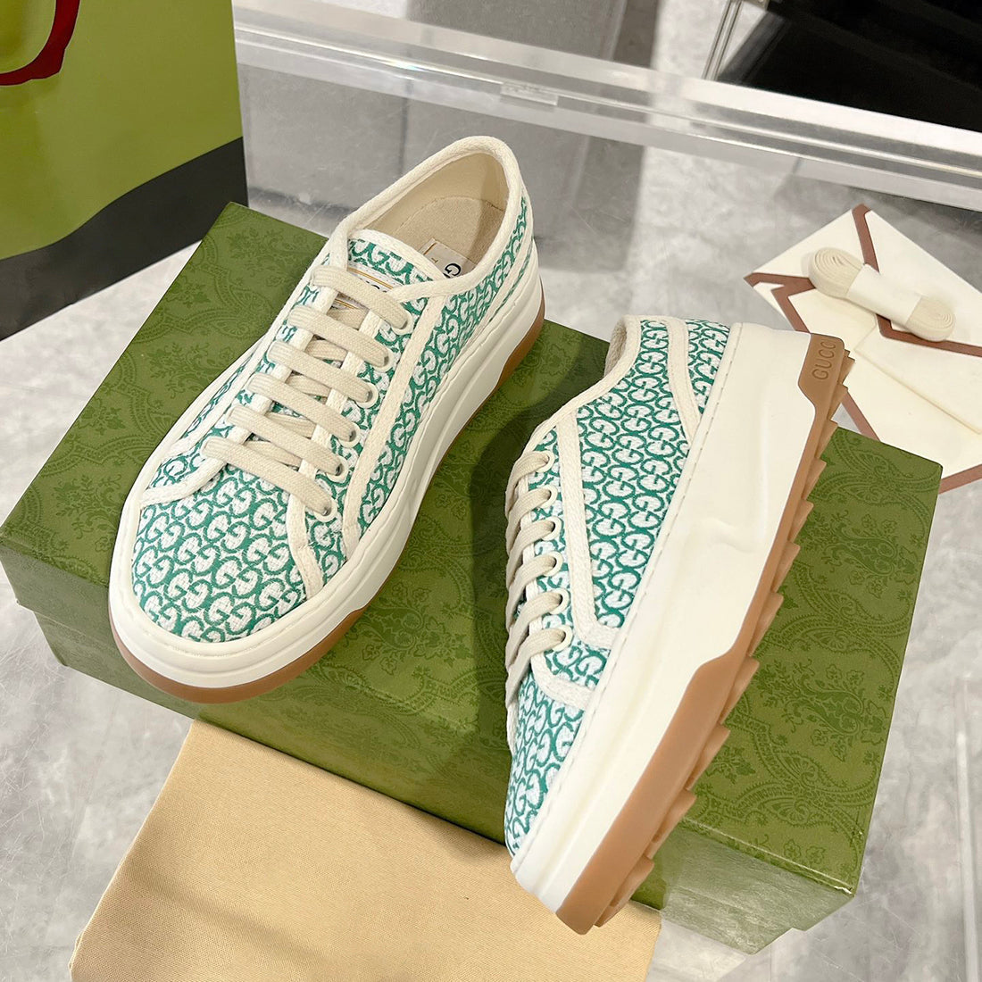 Women's Tennis 1977 Green/White GG Canvas Chunky-Sole Sneakers 746766 FAC1Y 8445