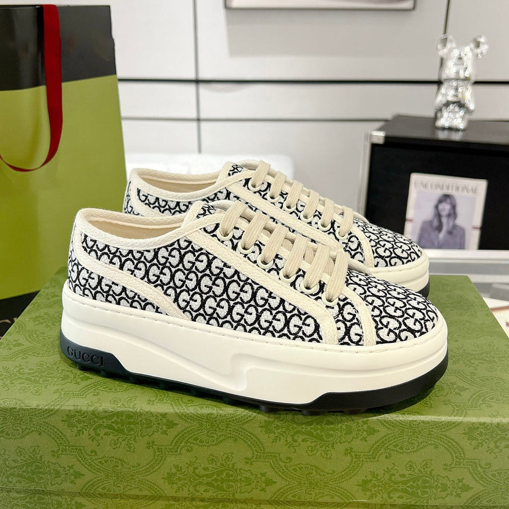 Tennis 1977 Women's GG Black Canvas Chunky-Sole Sneakers| 746766 FAC1Y 8445