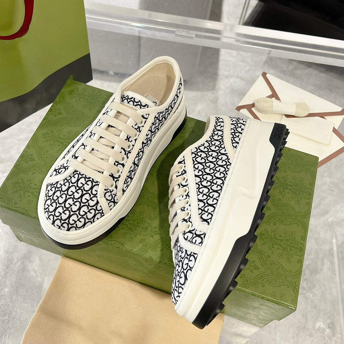 Tennis 1977 Women's GG Black Canvas Chunky-Sole Sneakers| 746766 FAC1Y 8445