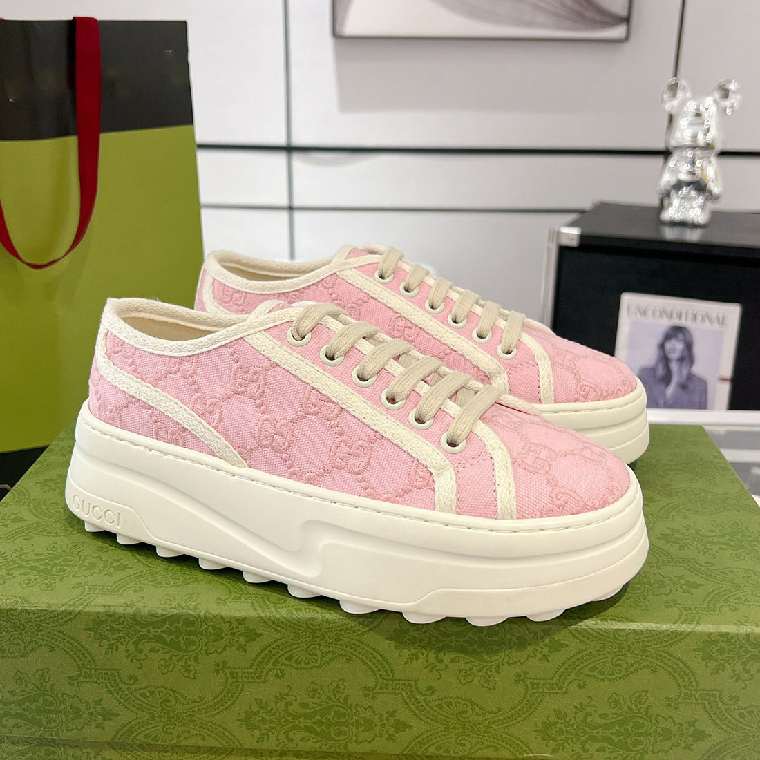 Women's Tennis 1977 Series Pink GG Subtle Print Chunky-Sole Canvas Sneakers |782737 FAC9X 5949