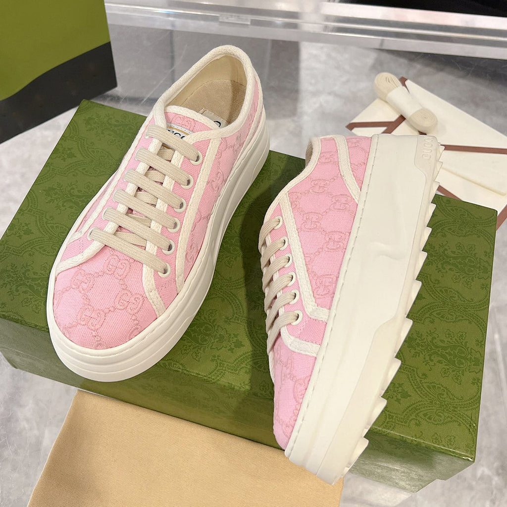 Women's Tennis 1977 Series Pink GG Subtle Print Chunky-Sole Canvas Sneakers |782737 FAC9X 5949