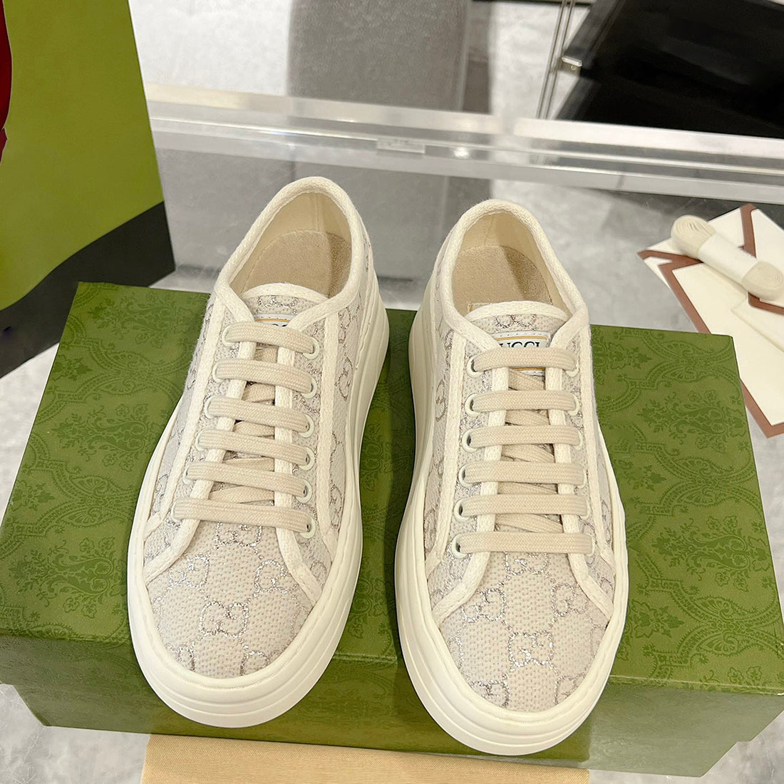 Women's Tennis 1977 Series Silver GG Canvas Chunky-Sole Sneakers |746767 20Q20 9044