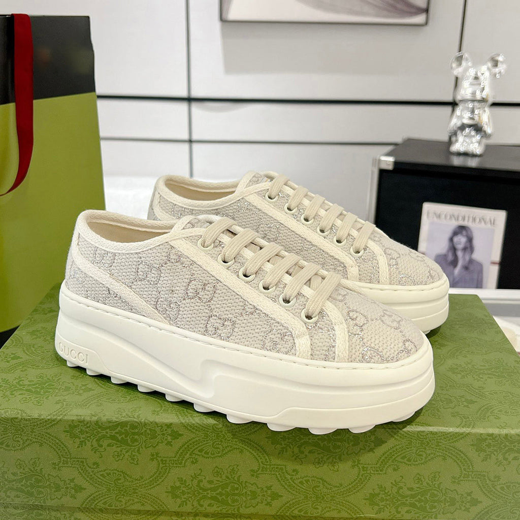 Women's Tennis 1977 Series Silver GG Canvas Chunky-Sole Sneakers |746767 20Q20 9044