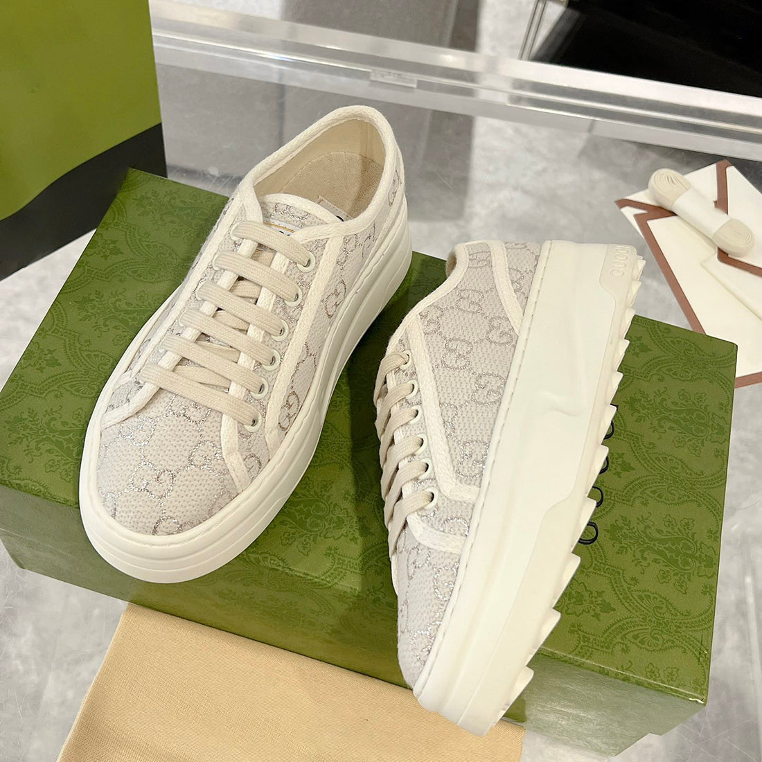 Women's Tennis 1977 Series Silver GG Canvas Chunky-Sole Sneakers |746767 20Q20 9044