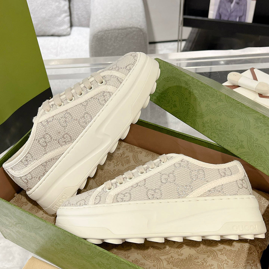 Women's Tennis 1977 Series Silver GG Canvas Chunky-Sole Sneakers |746767 20Q20 9044