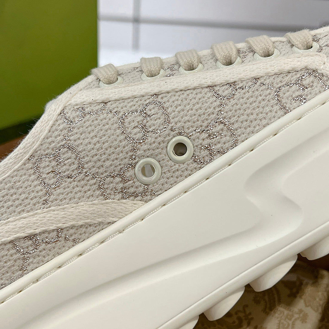 Women's Tennis 1977 Series Silver GG Canvas Chunky-Sole Sneakers |746767 20Q20 9044