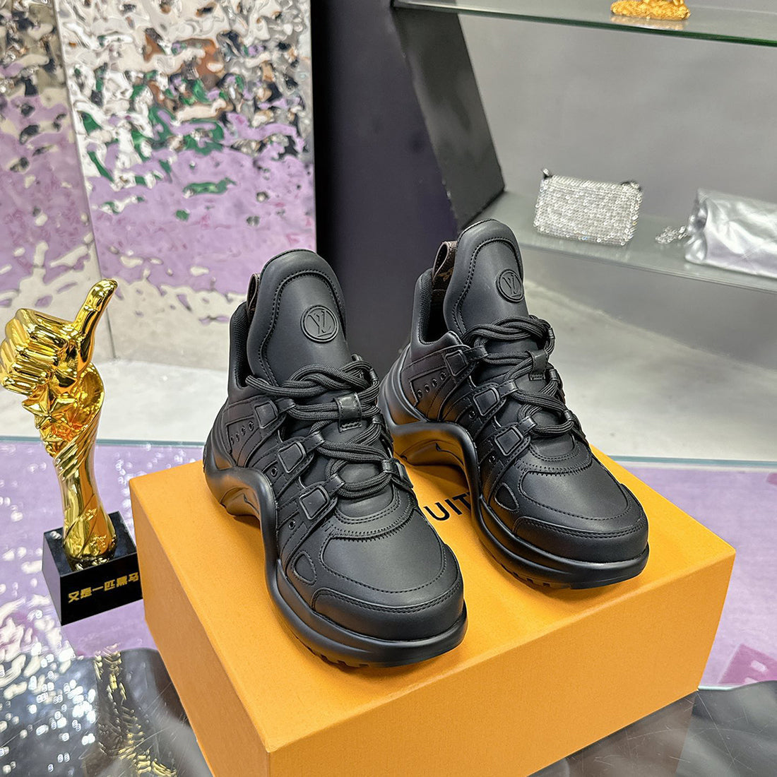 Women's Archlight Sneakers in Black Leather and Technical Fabric|1A43LK