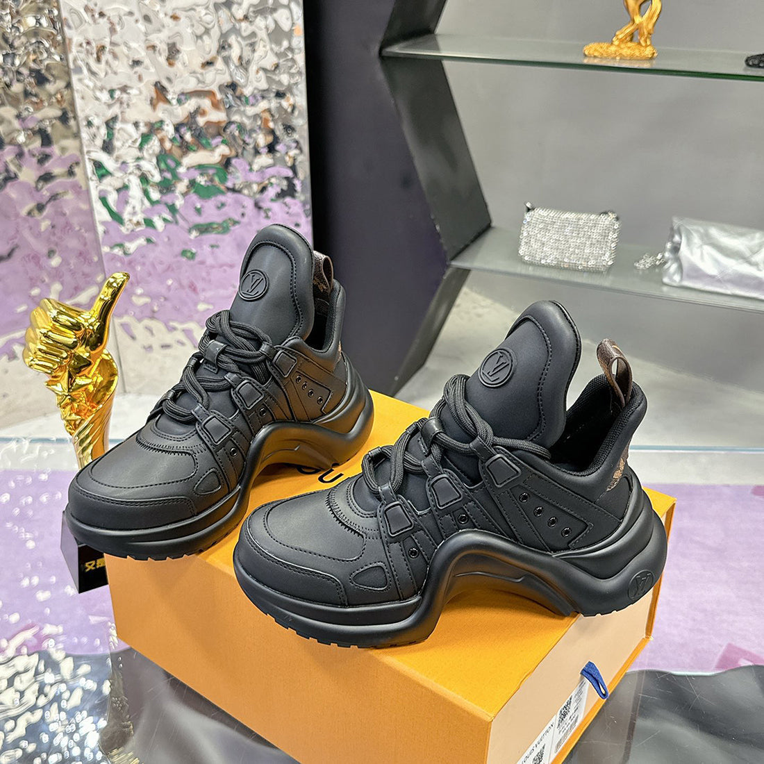 Women's Archlight Sneakers in Black Leather and Technical Fabric|1A43LK