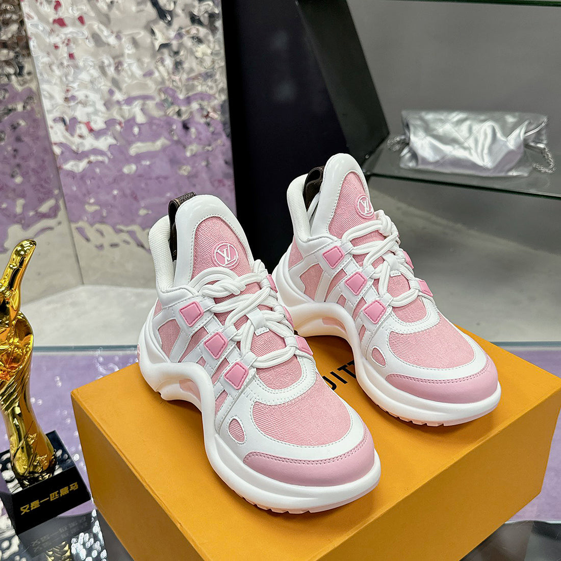 Women's Archlight Sneakers in White and Pink Calfskin with Technical Fabric Panels |1ABP72