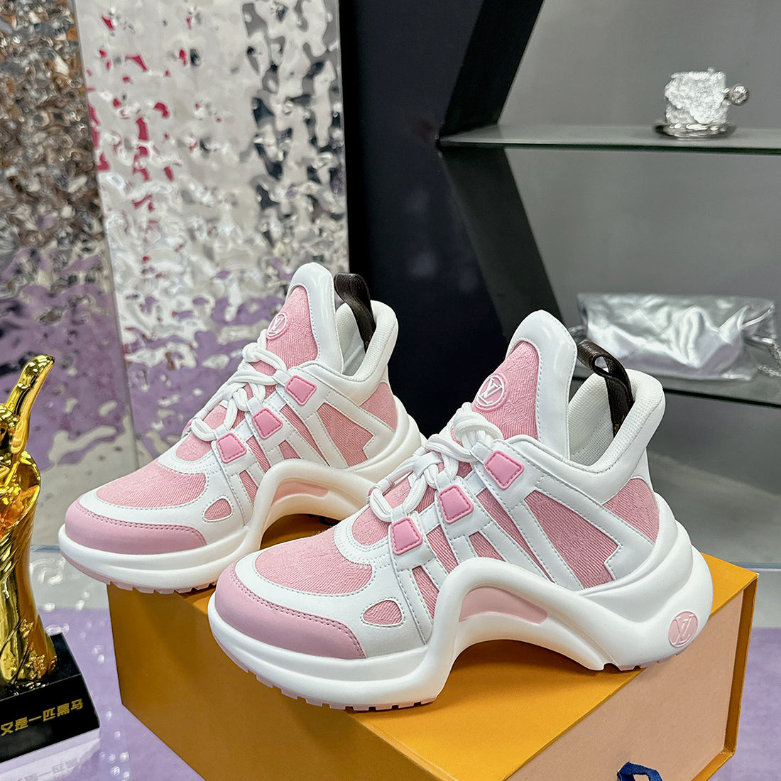 Women's Archlight Sneakers in White and Pink Calfskin with Technical Fabric Panels |1ABP72