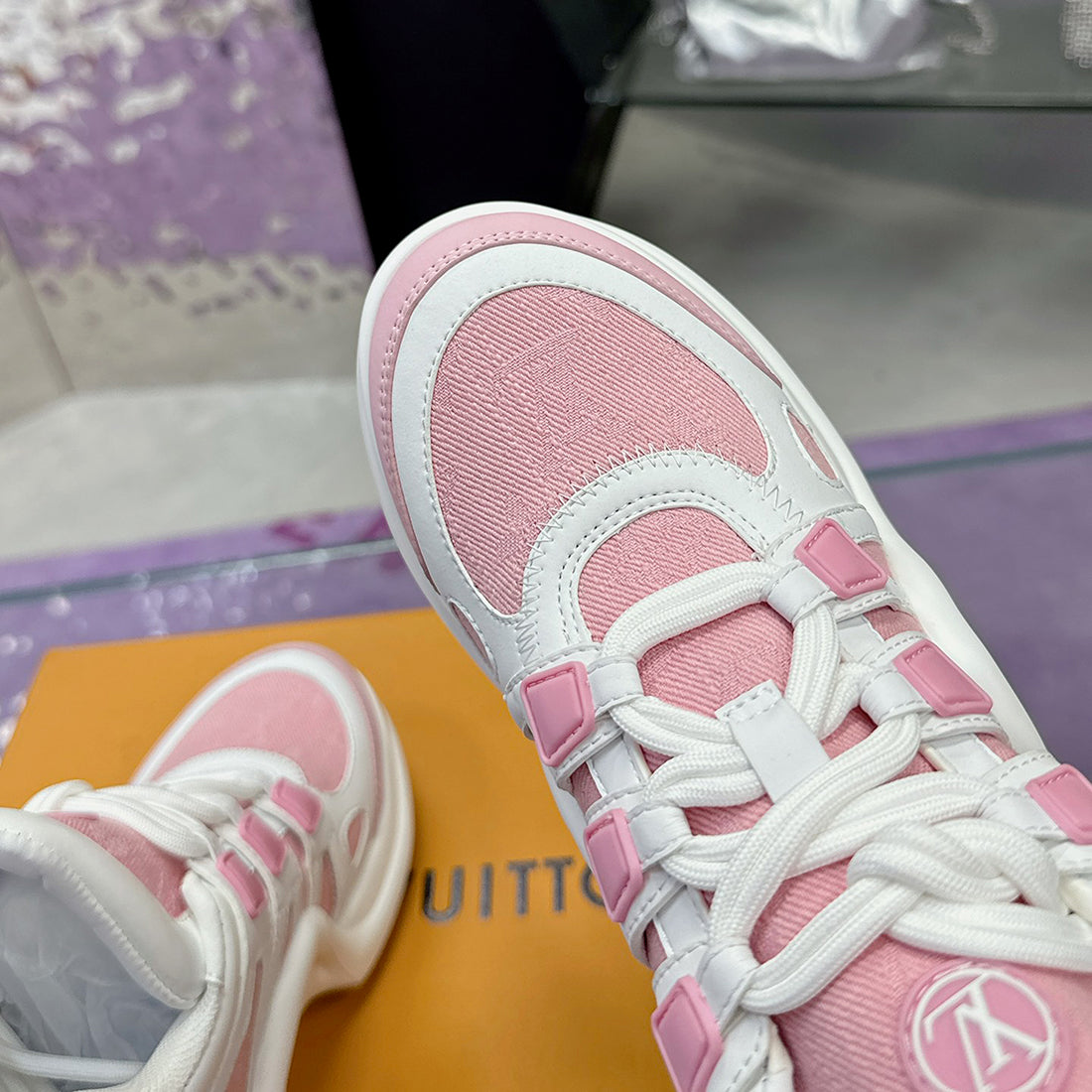 Women's Archlight Sneakers in White and Pink Calfskin with Technical Fabric Panels |1ABP72