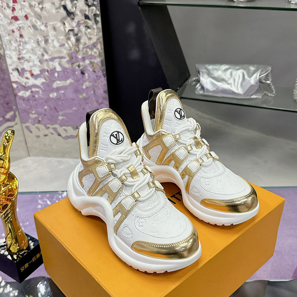 Women's Archlight Sneakers in White Technical Fabric and Gold Patent Leather| 1A52J2
