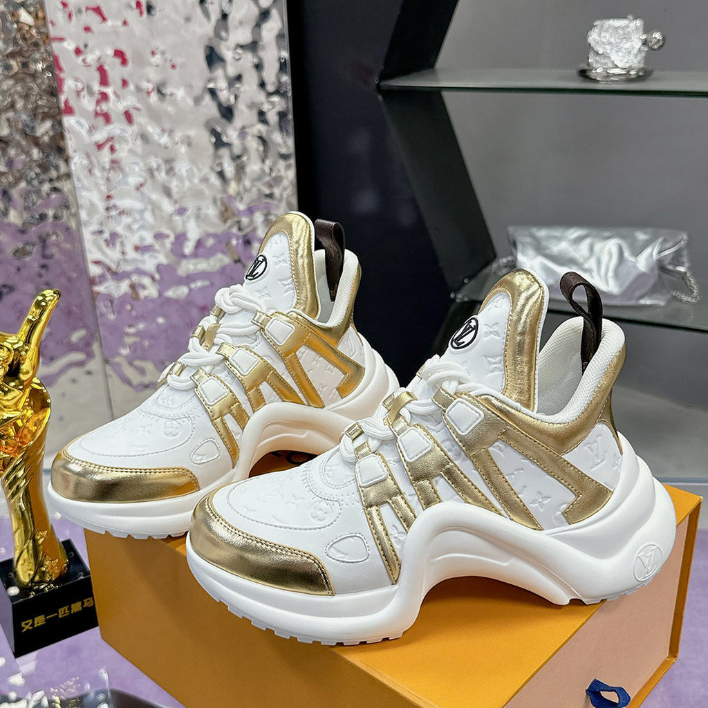 Women's Archlight Sneakers in White Technical Fabric and Gold Patent Leather| 1A52J2