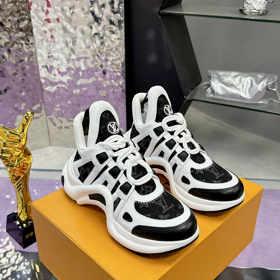 Women's Archlight Sneakers in White, Black Calfskin, and Mesh| 1A43KV