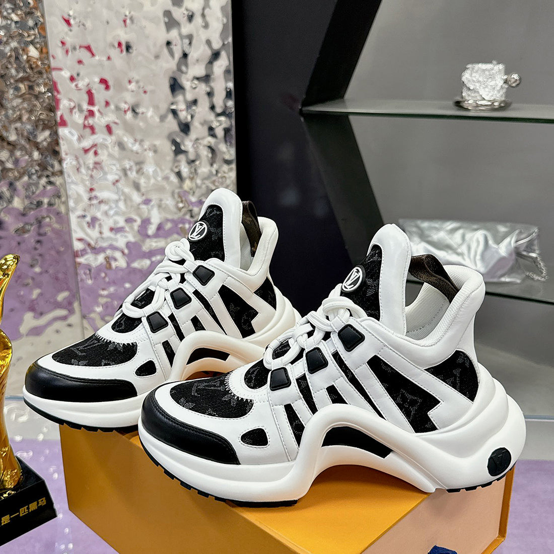 Women's Archlight Sneakers in White, Black Calfskin, and Mesh| 1A43KV