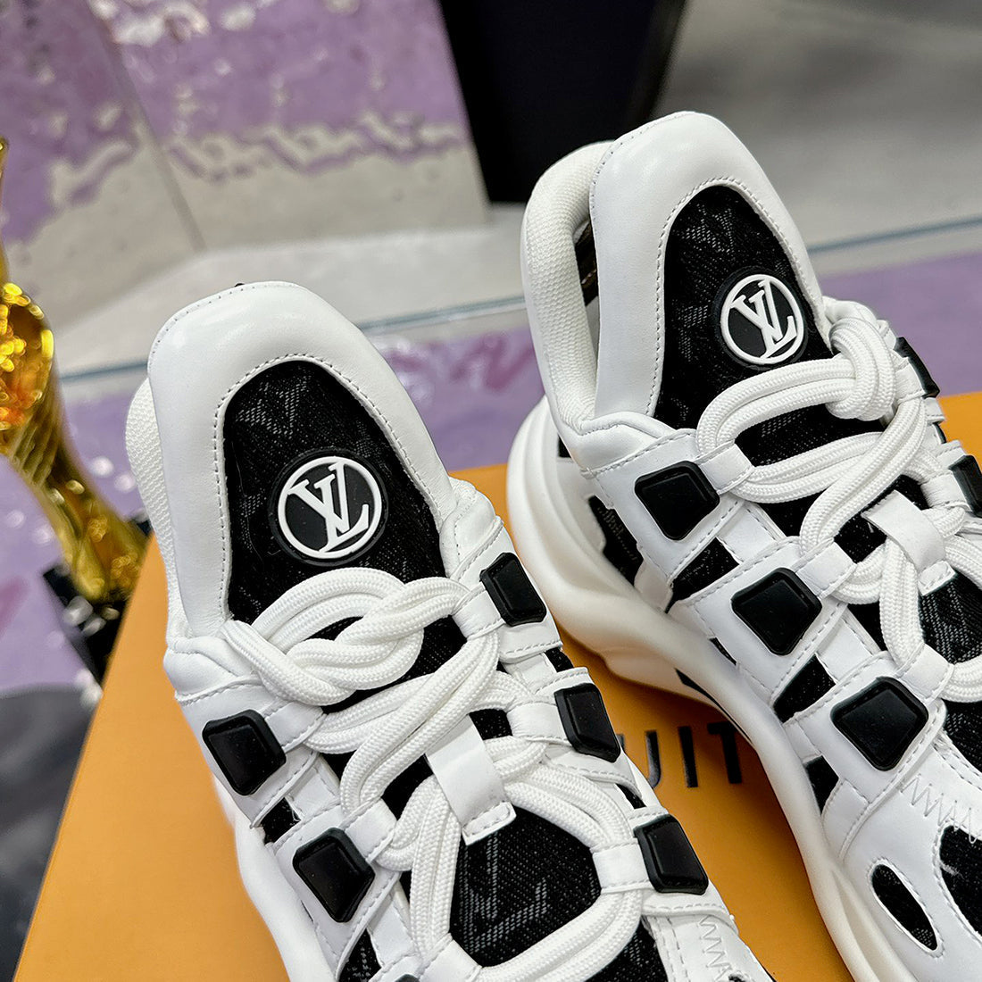 Women's Archlight Sneakers in White, Black Calfskin, and Mesh| 1A43KV
