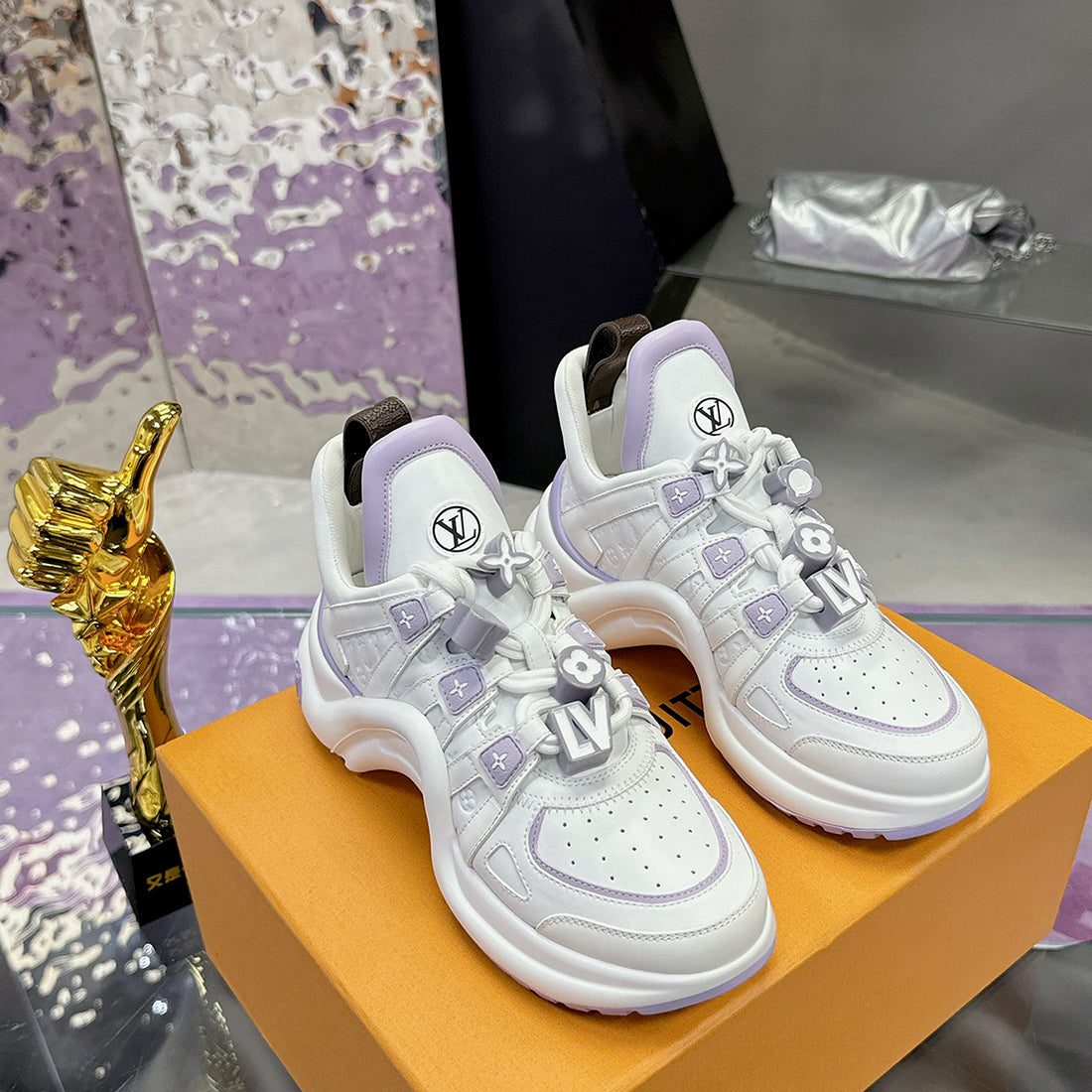 Women's Archlight Sneakers in Latte Purple/Marshmallow Pink Calfskin and Mesh| 1AGWP4