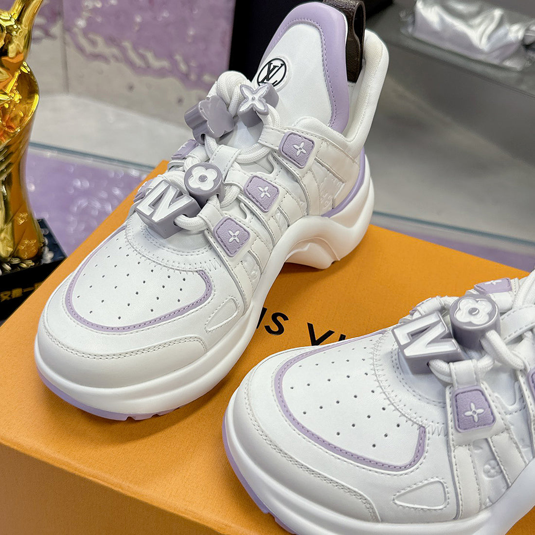 Women's Archlight Sneakers in Latte Purple/Marshmallow Pink Calfskin and Mesh| 1AGWP4