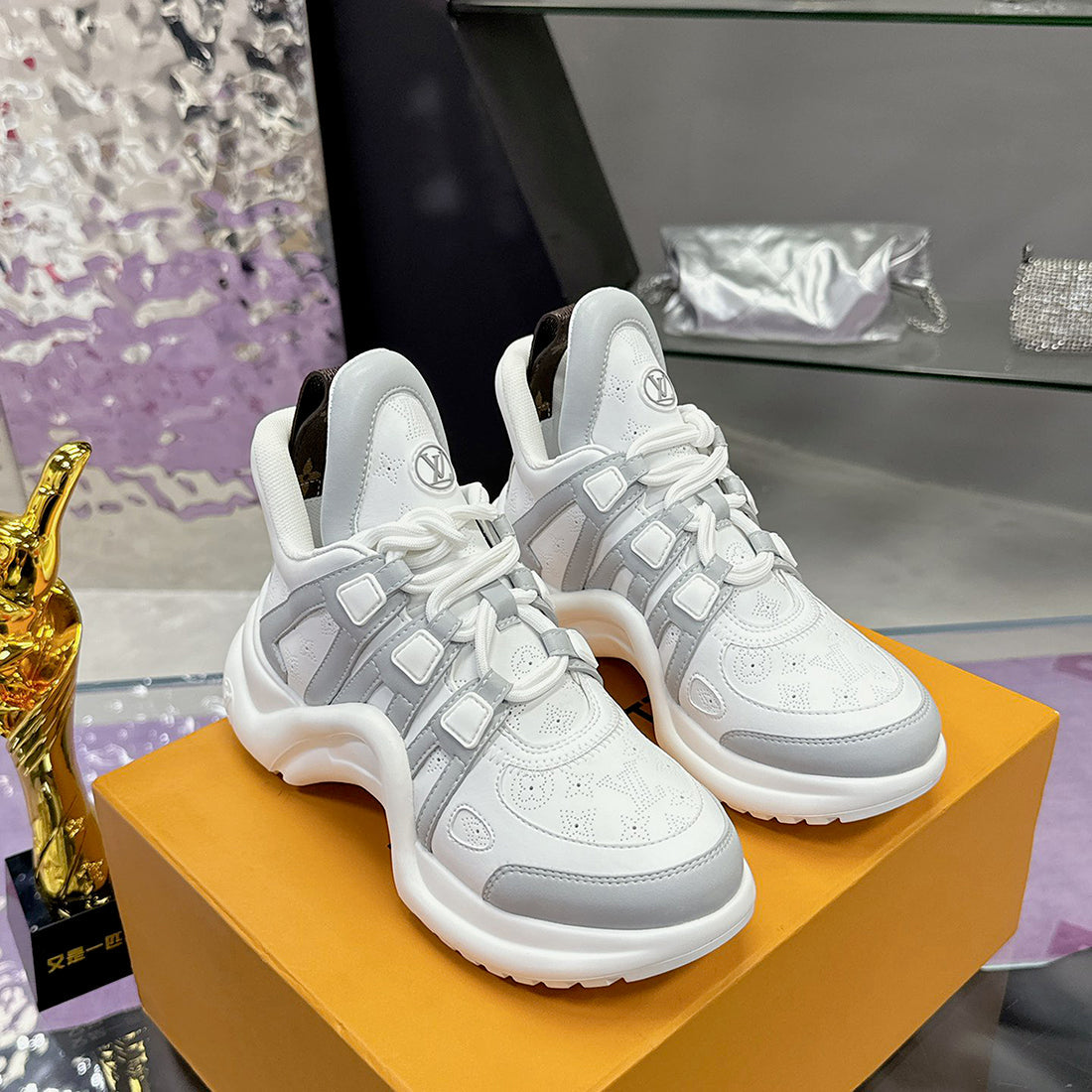 Women's Archlight Sneakers White, Gray Calfskin, Technical Fabric 1A43LH