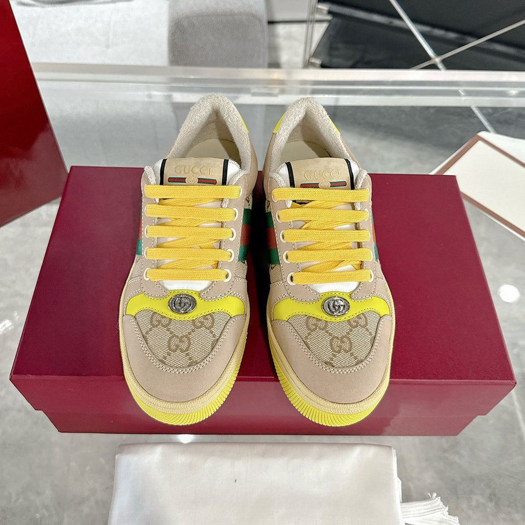 Men's Screener Series GG Canvas and Leather Mix Sneakers - Milkshake/Yellow| 546551 9Y920 9666