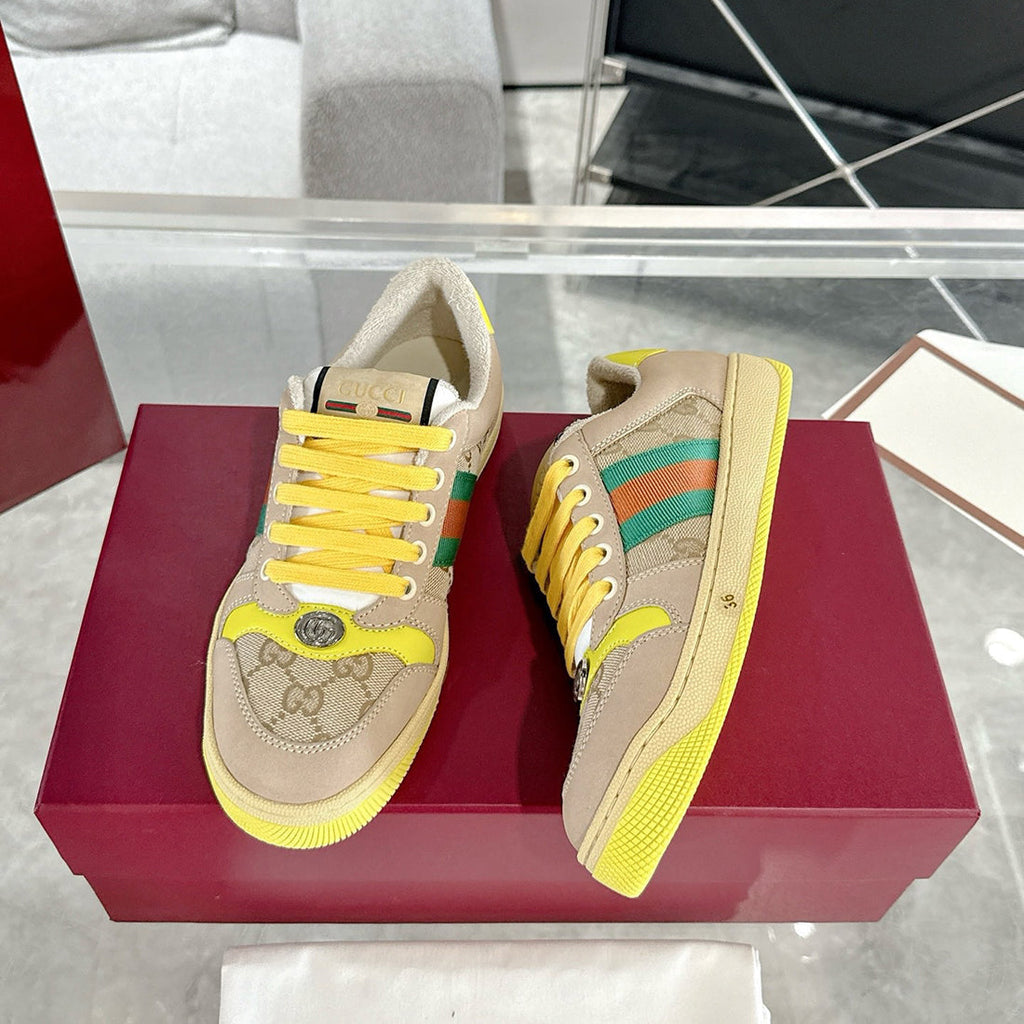 Women's Screener Series GG Canvas and Leather Mix Sneakers - Milkshake/Yellow| 570443 9Y920 9666
