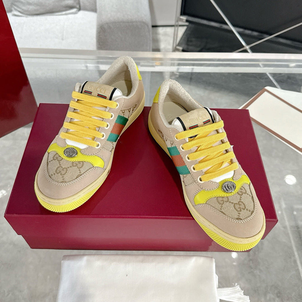 Women's Screener Series GG Canvas and Leather Mix Sneakers - Milkshake/Yellow| 570443 9Y920 9666