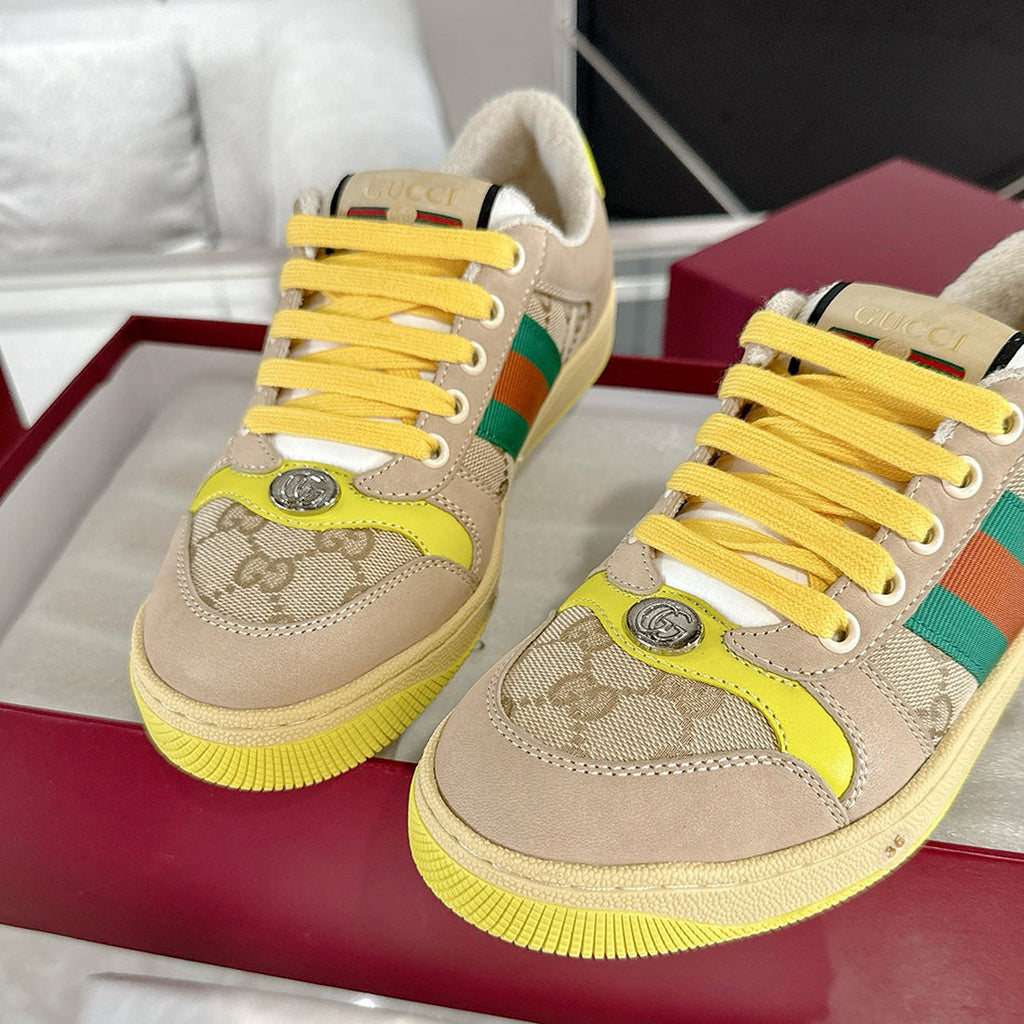 Women's Screener Series GG Canvas and Leather Mix Sneakers - Milkshake/Yellow| 570443 9Y920 9666