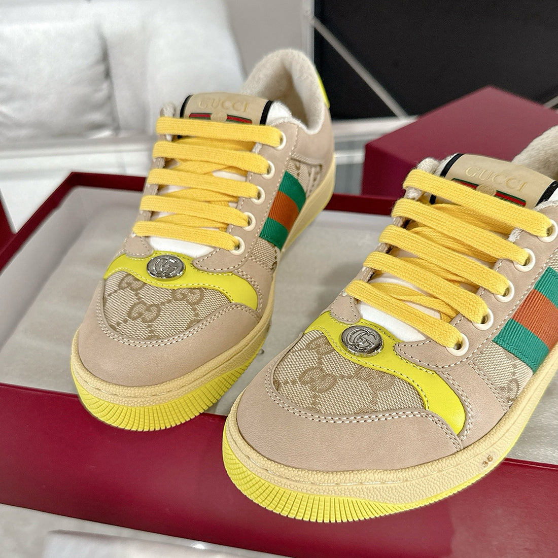 Women's Screener Series GG Canvas and Leather Mix Sneakers - Milkshake/Yellow| 570443 9Y920 9666