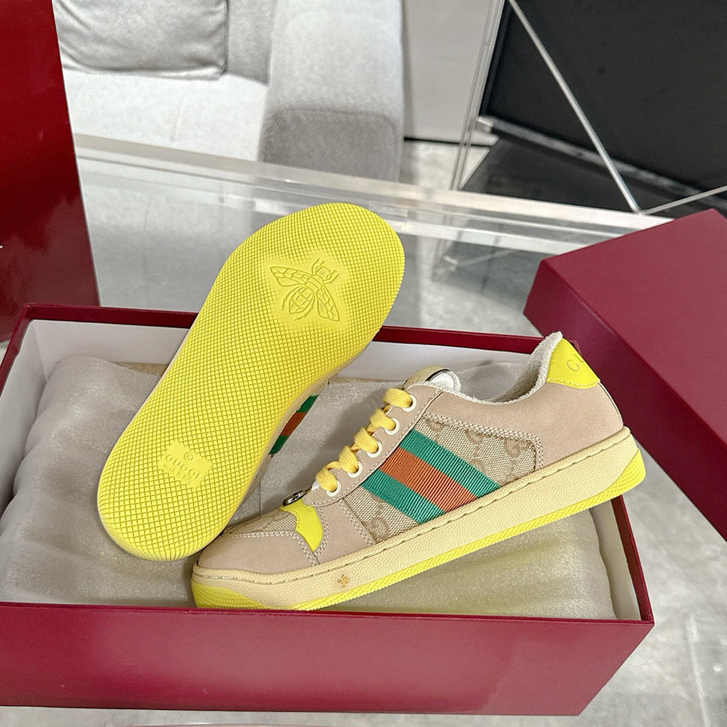 Women's Screener Series GG Canvas and Leather Mix Sneakers - Milkshake/Yellow| 570443 9Y920 9666
