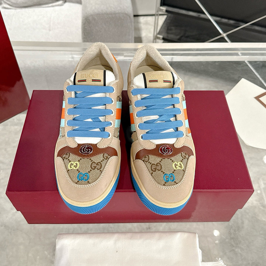 Screener Series GG Canvas Women's Sneakers (Beige with Blue/Orange Webbing) |677423 9SFR0 4983