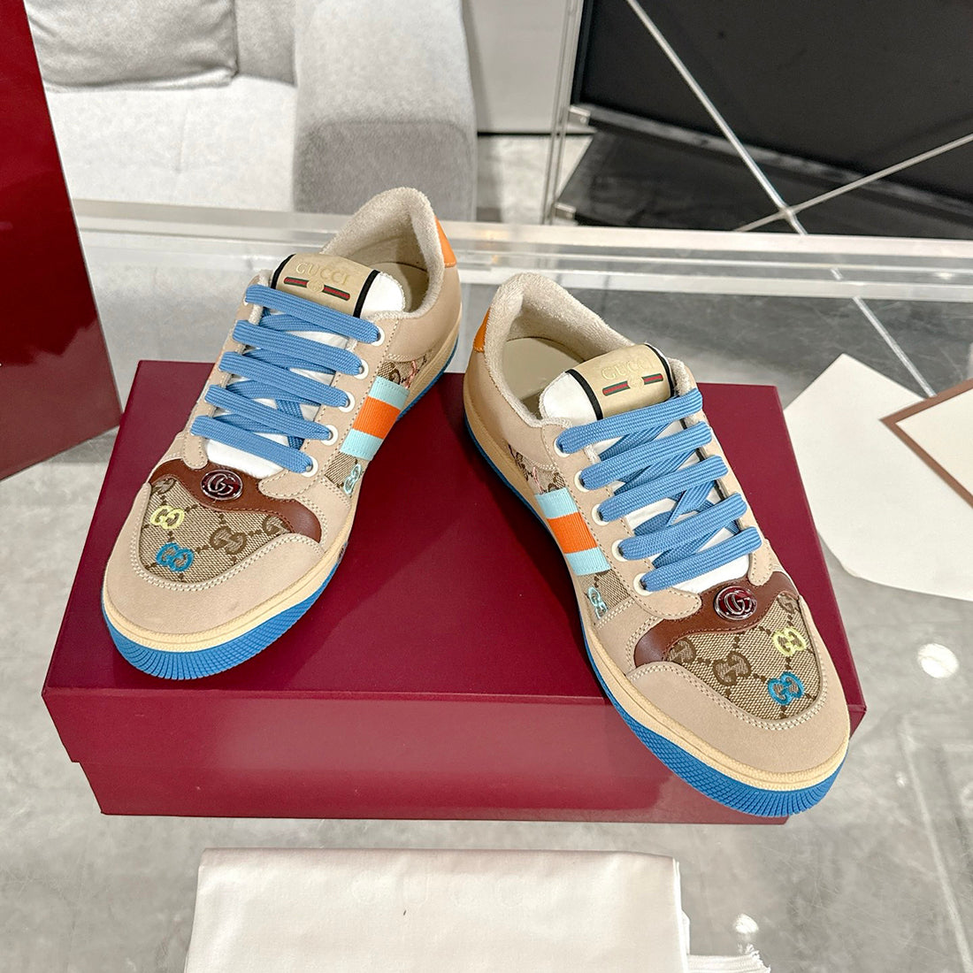 Screener Series GG Canvas Men's Sneakers (Beige with Blue/Orange Webbing) |677422 9SFR0 4983