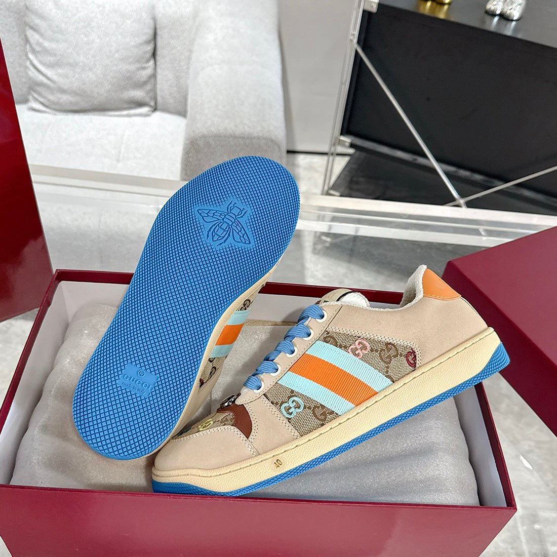 Screener Series GG Canvas Women's Sneakers (Beige with Blue/Orange Webbing) |677423 9SFR0 4983