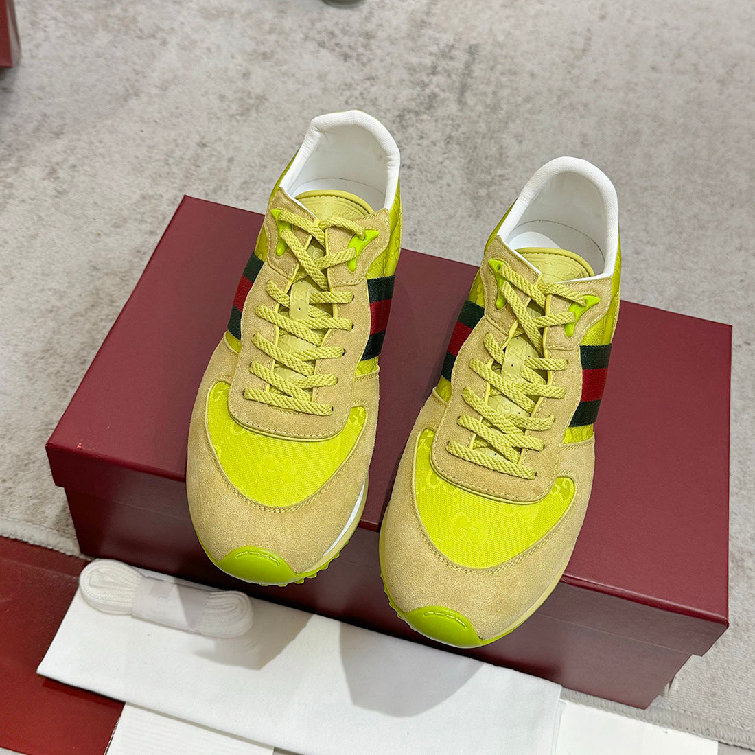 Women's Re-Motion Collection Yellow GG Nylon and Suede Sneakers |840291 AAEW3