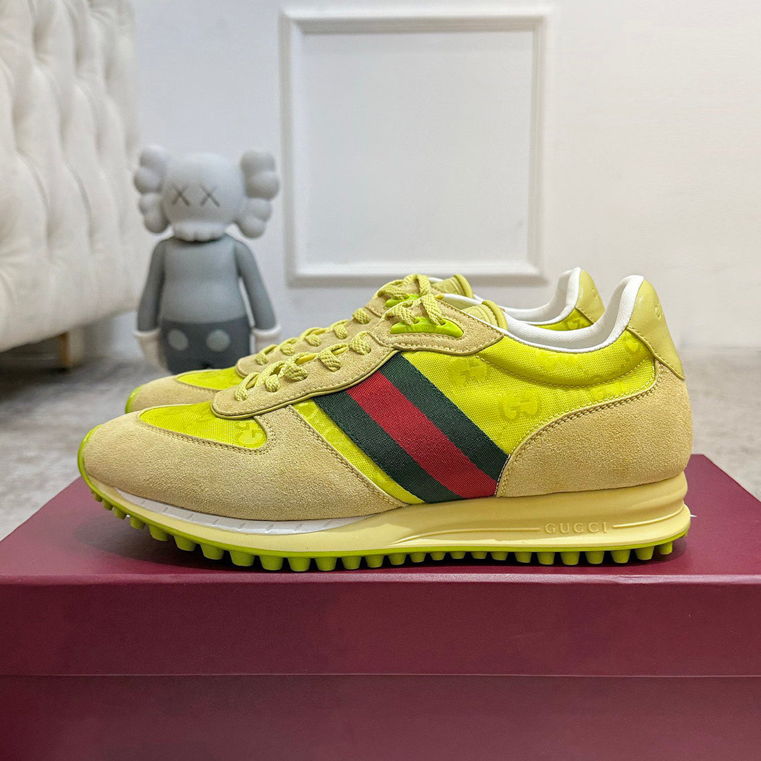 Women's Re-Motion Collection Yellow GG Nylon and Suede Sneakers |840291 AAEW3