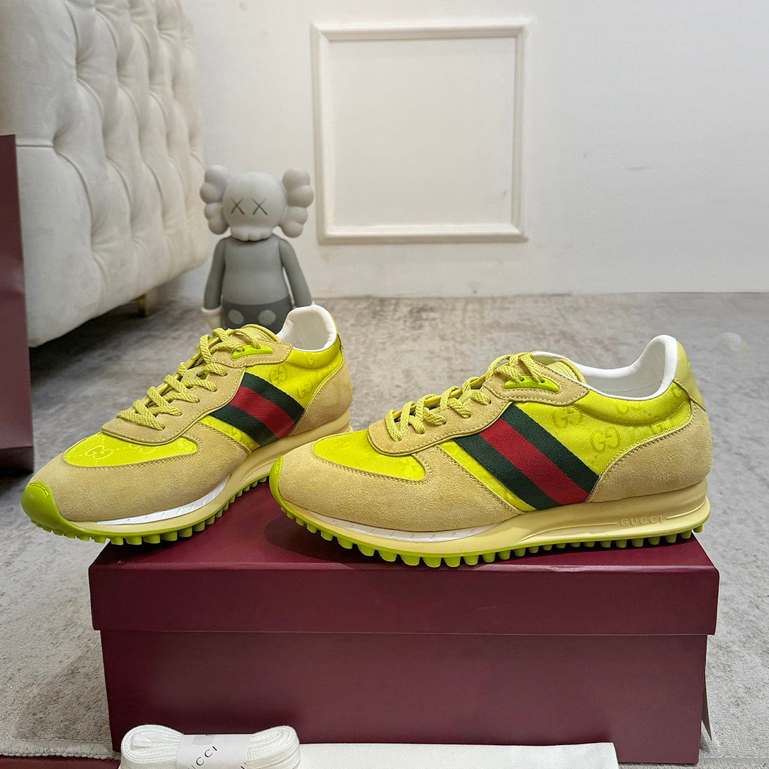 Women's Re-Motion Collection Yellow GG Nylon and Suede Sneakers |840291 AAEW3