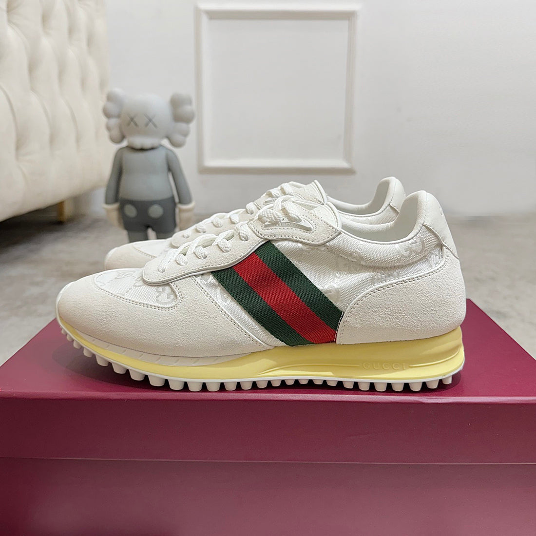 Men’s Re-Motion Series White GG Canvas and Suede Sneakers| 832461 AAEW3 9045