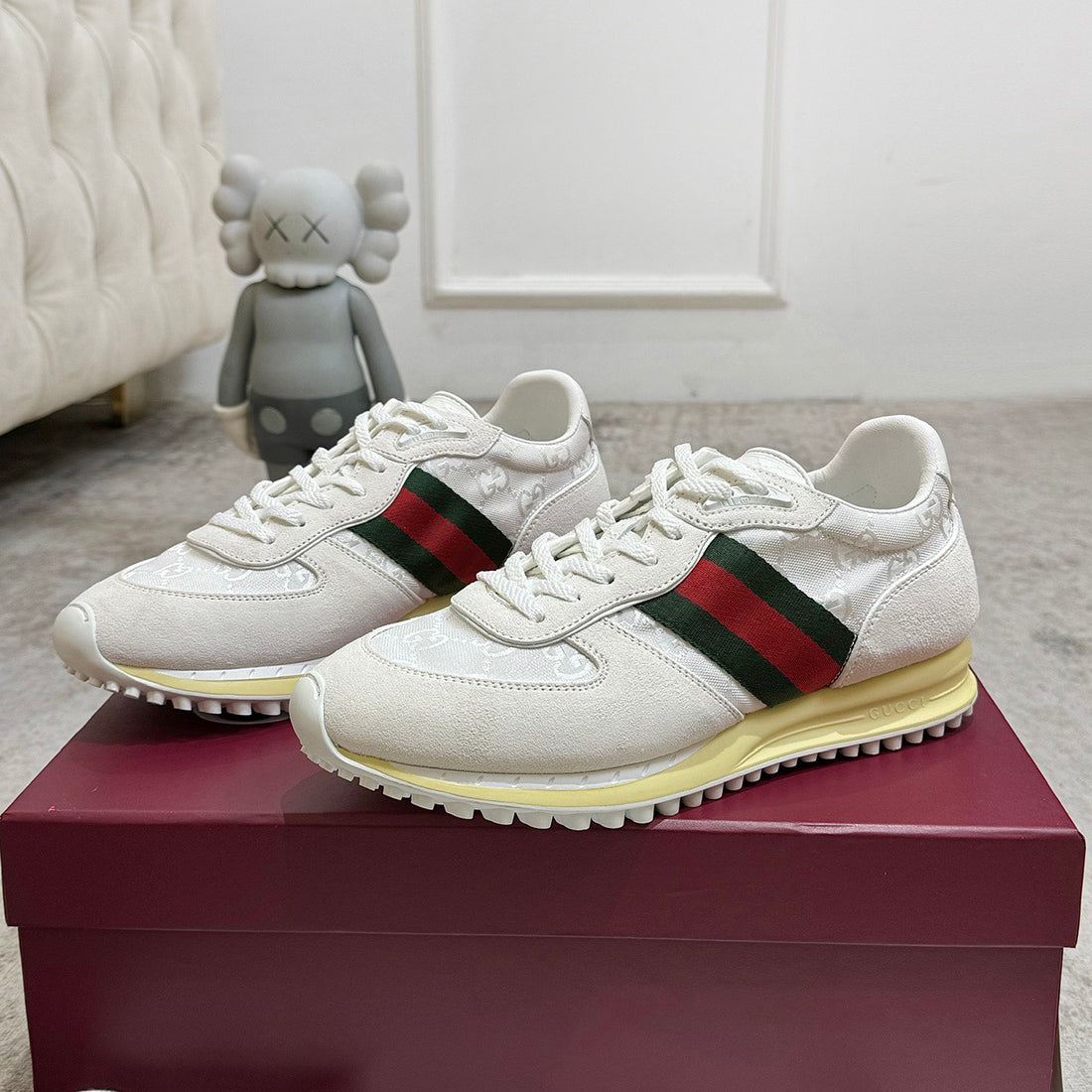 Men’s Re-Motion Series White GG Canvas and Suede Sneakers| 832461 AAEW3 9045