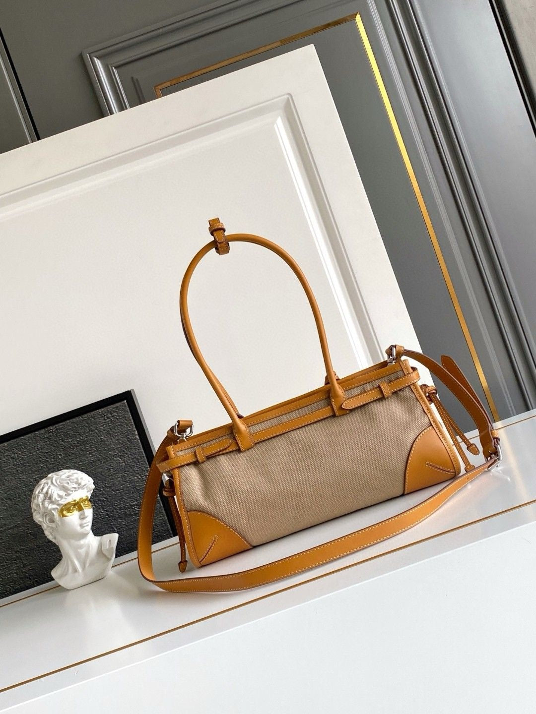 2026 Beige Medium Linen and Leather Handbag 1BA426_P0E_F032T_V_OTM