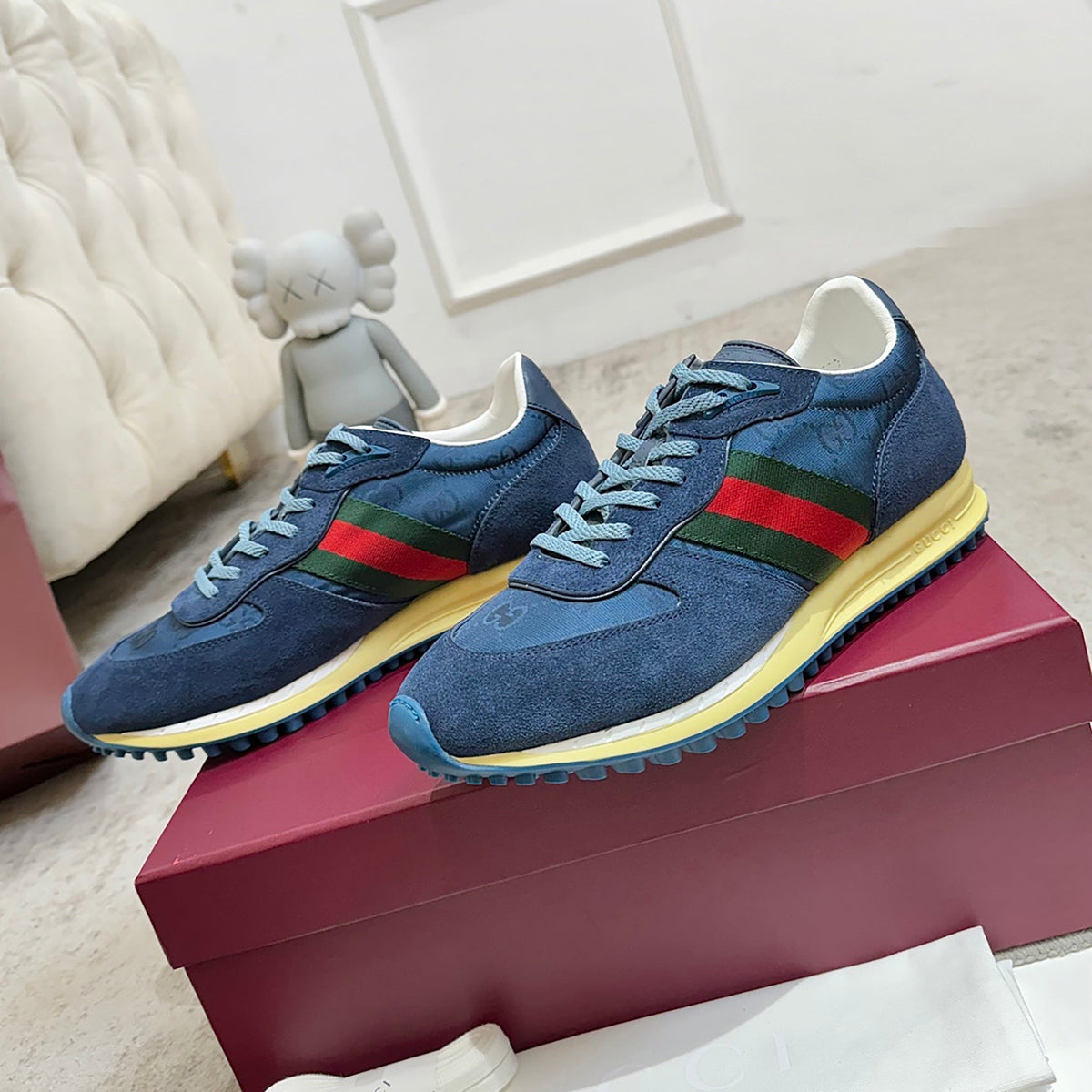 Men's Re-Motion Blue GG Nylon and Suede Sneakers |832461 AAEW3 4245