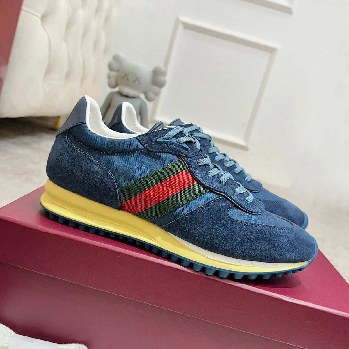Women's Re-Motion Blue GG Nylon and Suede Sneakers |840291 AAEZM 4245