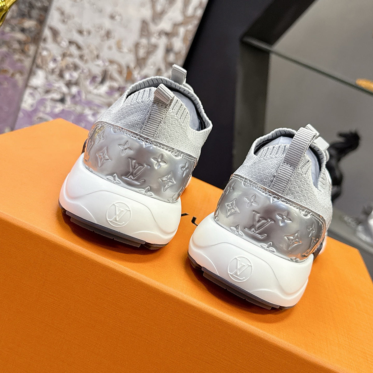 Women's Run 55 Sneakers in Grey and Silver Technical Mesh and Smooth Calfskin |1ABVJ4