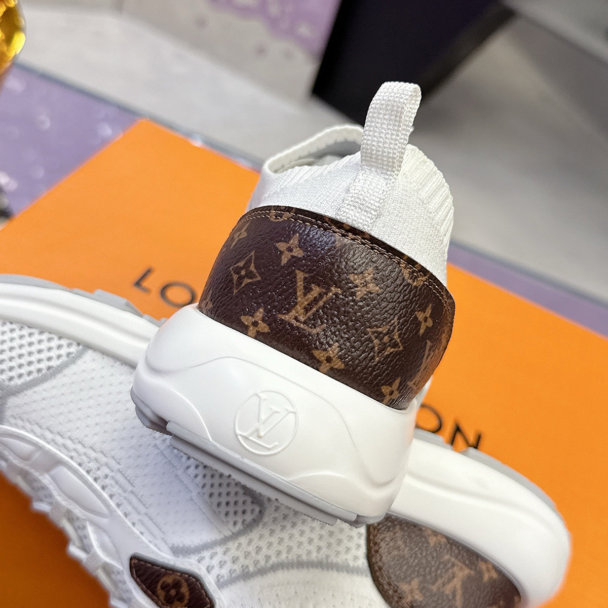 Women's Olympia Sneakers in white knit performance fabric with Monogram canvas trim| 1AIEHK