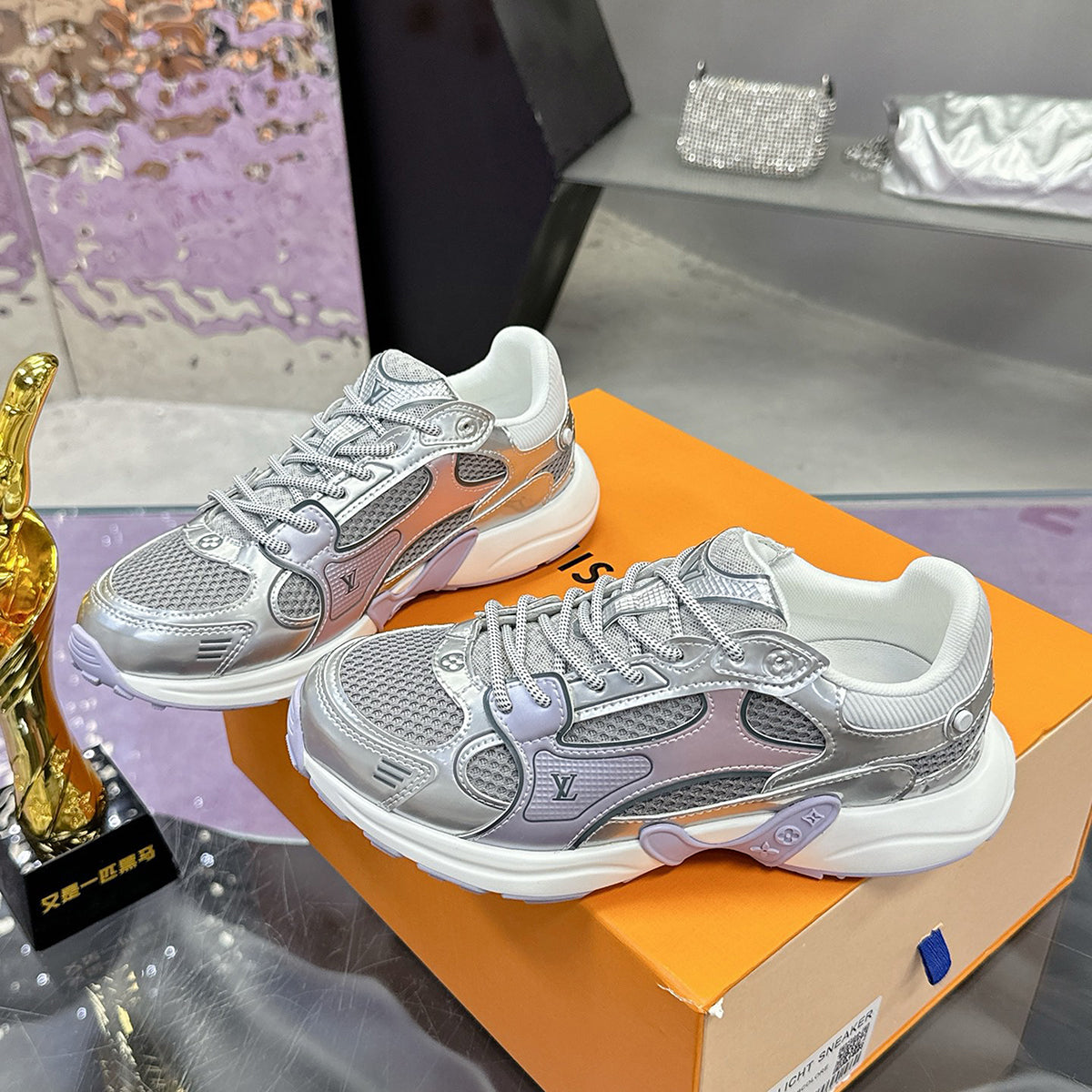 Women's Olympia Sneakers in Silver Metallic Synthetic Leather and Technical Mesh |1AHOI1