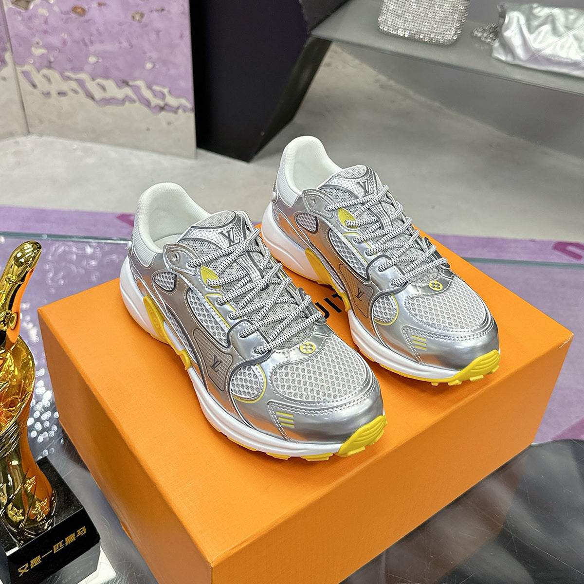 Women's Olympia Sneakers, Silver Mesh and Metallic Synthetic Leather with Yellow Sole |1AHOW0