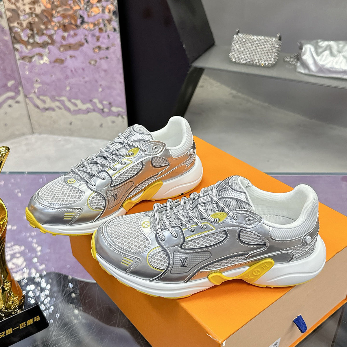 Women's Olympia Sneakers, Silver Mesh and Metallic Synthetic Leather with Yellow Sole |1AHOW0