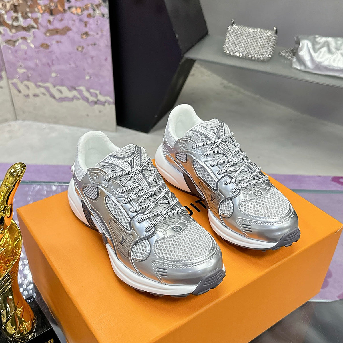 Women's Olympia Sneakers in Silver, Mesh and Metallic Silver Synthetic Leather |1AHOI1