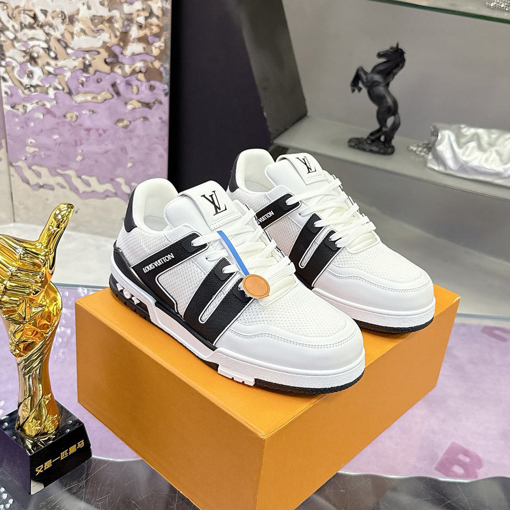 Men's Trainer Sneaker in Black and White Soft Grained Calfskin with Monogram Embossed Leather or Denim |1A9JG4
